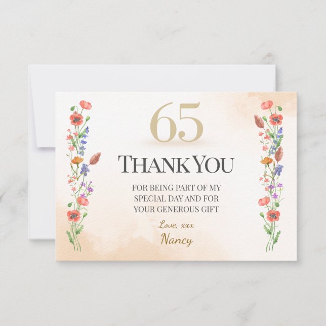 Carte De Remerciements Charme 65ème anniversaire - Design Fleur sauvage (Devant)