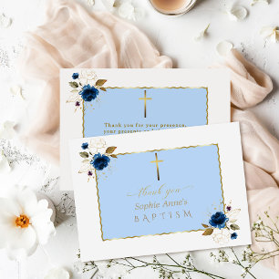 Carte De Remerciements Charme Aquarelle Bleu Fleurs d'or Garçon Baptême