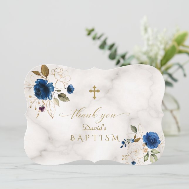 Carte De Remerciements Charme Blue Gold Flowers Croix d'or Baptême (Debout devant)