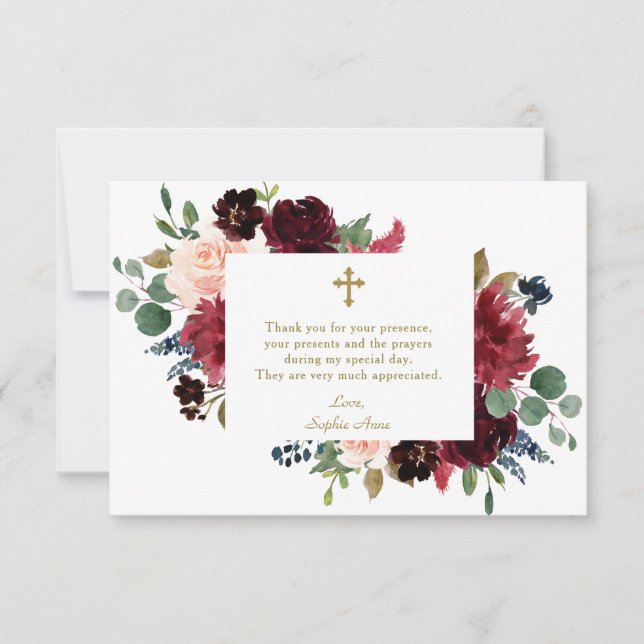 Carte De Remerciements Charme Bourgogne Fleurs rousses Croix Fille Baptêm (Devant)