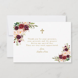 Carte De Remerciements Charme Bourgogne Marsala Floral Girl Baptême