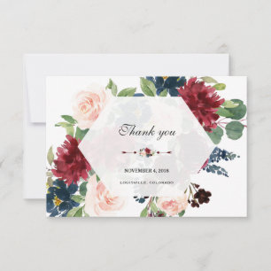 Carte De Remerciements Charme Burgundy Marine Blue Floral Hexagon Frame