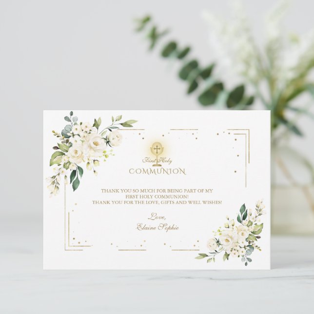 Carte De Remerciements Charme Fleurs blanches Cadre doré Sainte Communion (Debout devant)
