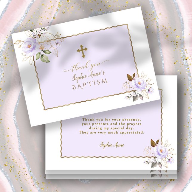 Carte De Remerciements Charme Lumière Purple Or Fleurs Fille Baptême (floral baptism thank you, gold light purple baptism thank you, trendy elegant modern baptism card)