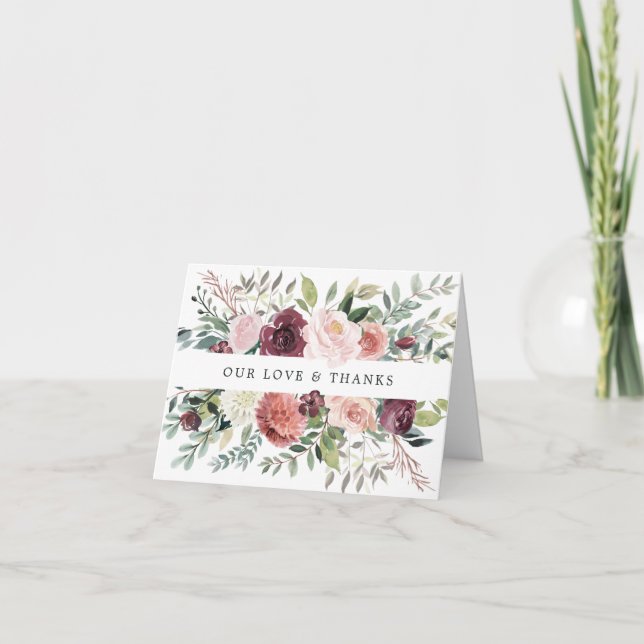 Carte De Remerciements Charme rustique Bourgogne Blush rose Mariage Flora (Devant)