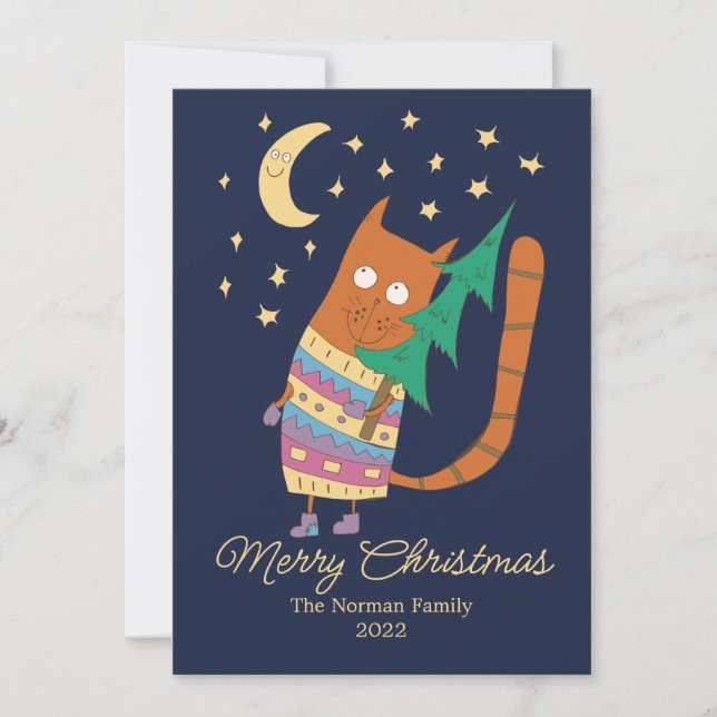 Carte De Remerciements Chat avec un sapin de Noël. (Devant)