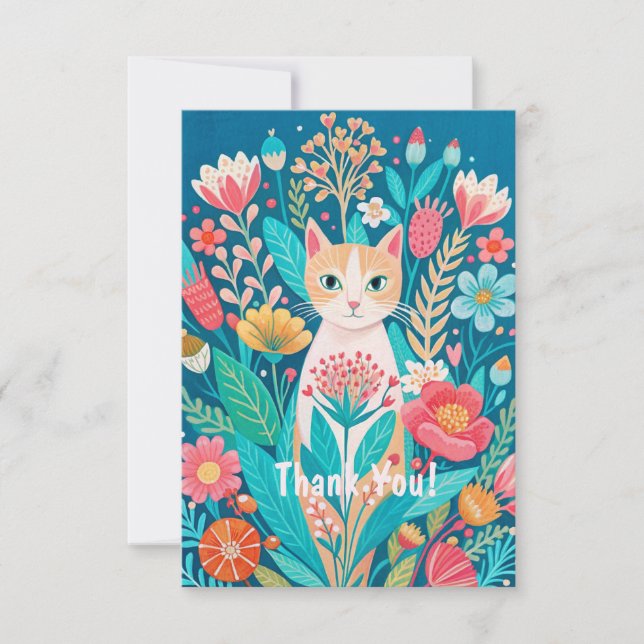 Carte De Remerciements Chat blanc mignon dessiné à la main et fleurs (Devant)