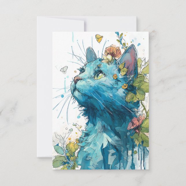 Carte De Remerciements Chat Bleu mignon avec Fleurs (Devant)