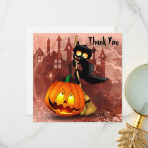Carte De Remerciements Chat effrayé par Citrouille Fun Halloween caractèr