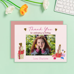 Carte De Remerciements Chat mignon et cadeaux   Fête d'anniversaire rose