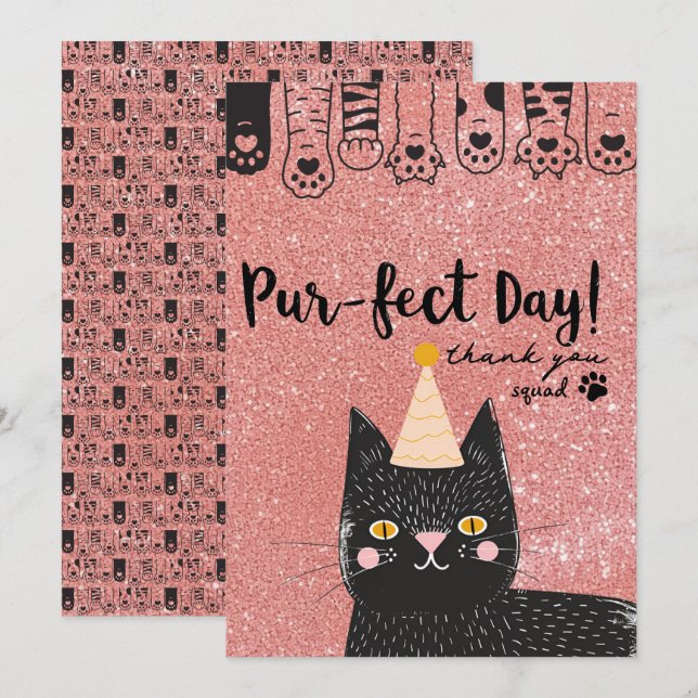 Carte De Remerciements Chat noir Anniversaire Casquette rose Parties scin (Devant / Derrière)