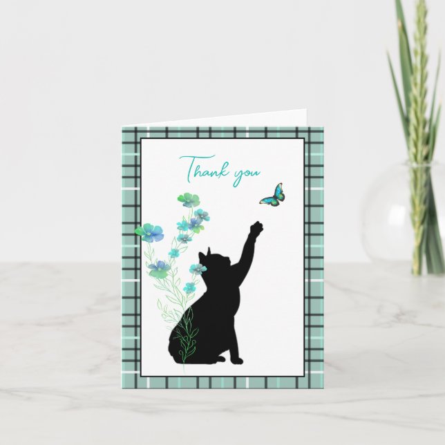 Carte De Remerciements Chat noir avec Fleurs et Papillon (Devant)