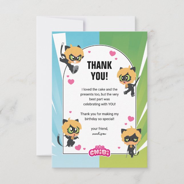 Carte De Remerciements Chat Noir Chibi Miraculous Anniversaire (Devant)