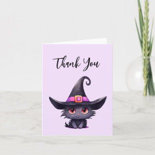 Carte De Remerciements Chat noir mignon portant un Casquette de sorcière
