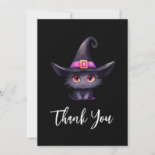 Carte De Remerciements Chat noir mignon portant un Casquette de sorcière