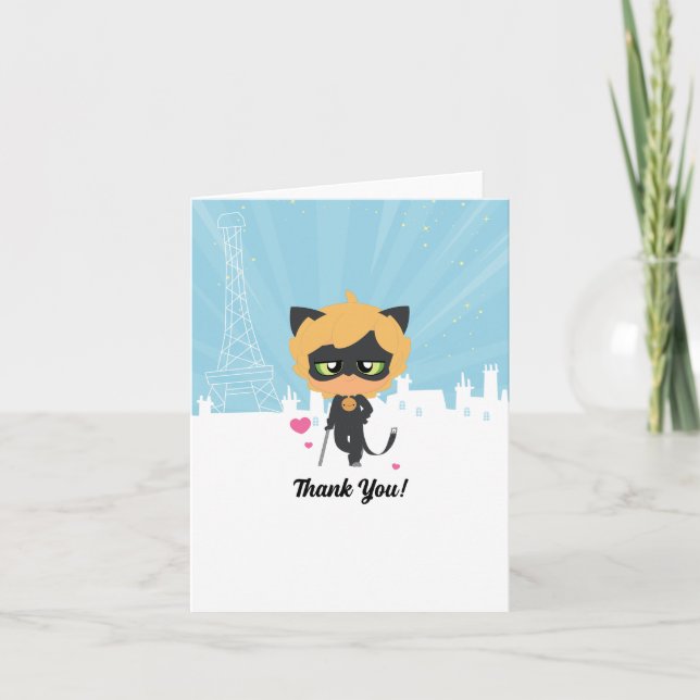 Carte De Remerciements Chat Noir Miraculeux Chibi Anniversaire (Devant)
