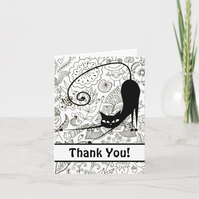 Carte De Remerciements Chat noir s'étirant avec les fleurs noires et (Devant)