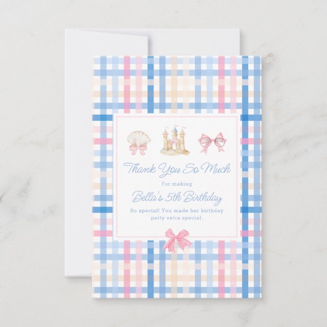 Carte De Remerciements Chateau de coquillages de Preppy Pastel En vichy (Devant)