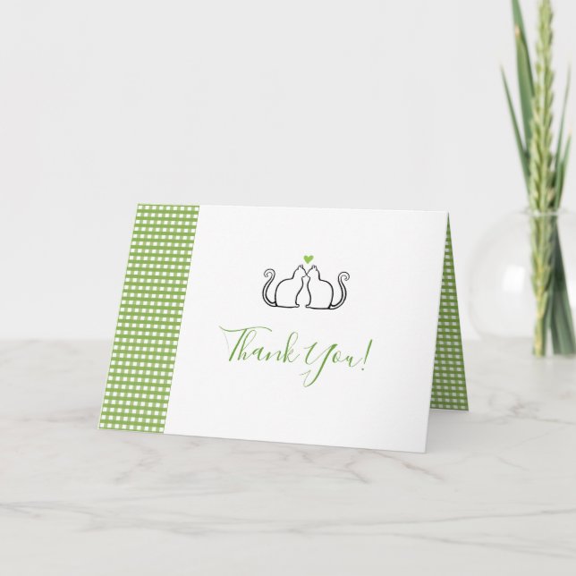Carte De Remerciements Chats romantiques en amour Coeur vert En vichy Mar (Devant)