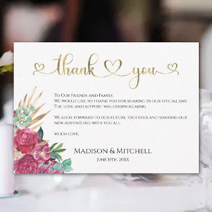 Carte De Remerciements Chaud rose Magenta Floral Élégant Gold Script Coeu