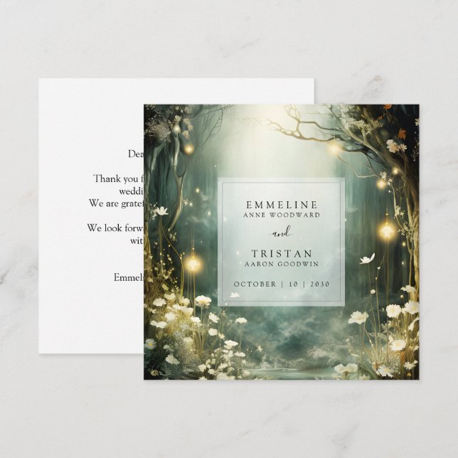 Carte De Remerciements Chemin De Forêt Enchantée De Fleurs Mariage Vert (Devant / Derrière)