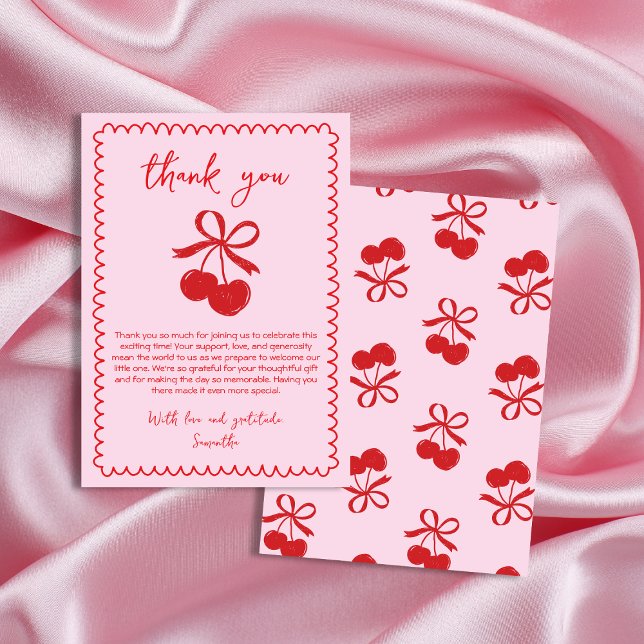 Carte De Remerciements Cherry Coquette main tiré bébé fille douche (Cherry Coquette Hand Drawn Baby Girl Shower Thank You Card)