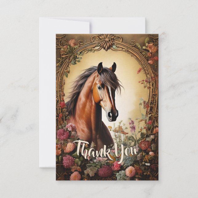 Carte De Remerciements Cheval de la baie et Fleurs sauvages (Devant)