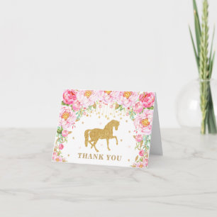 Carte De Remerciements Cheval rose Floral Gold Parties scintillant Annive