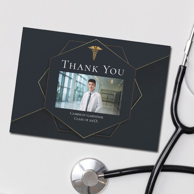 Carte De Remerciements Chic Black Gold Médicale School Photo Graduation (Créateur téléchargé)