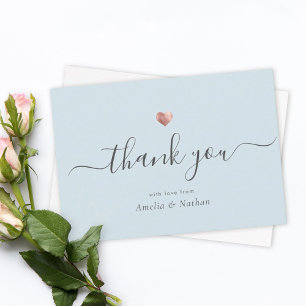 Carte De Remerciements Chic Bleu clair moderne Script Rose Gold Heart