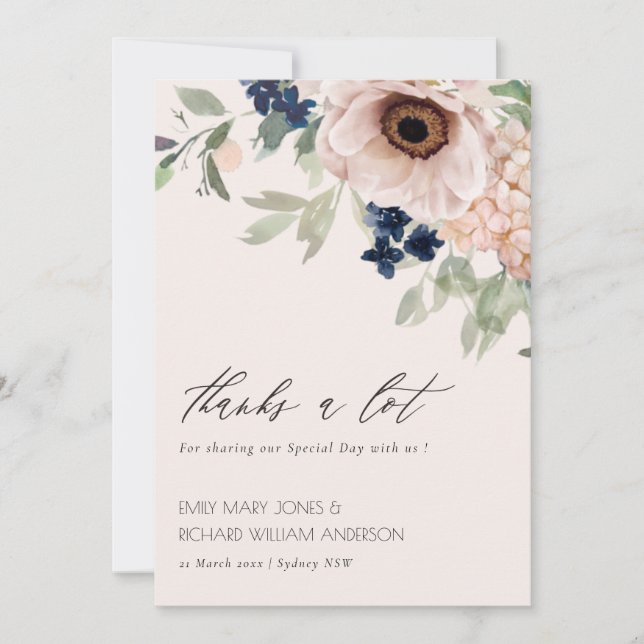 Carte De Remerciements Chic Blush Marine Anemone Floral Mariage Aquarelle (Devant)