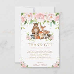 Carte De Remerciements Chic Bois Animaux Baby shower rose Floral