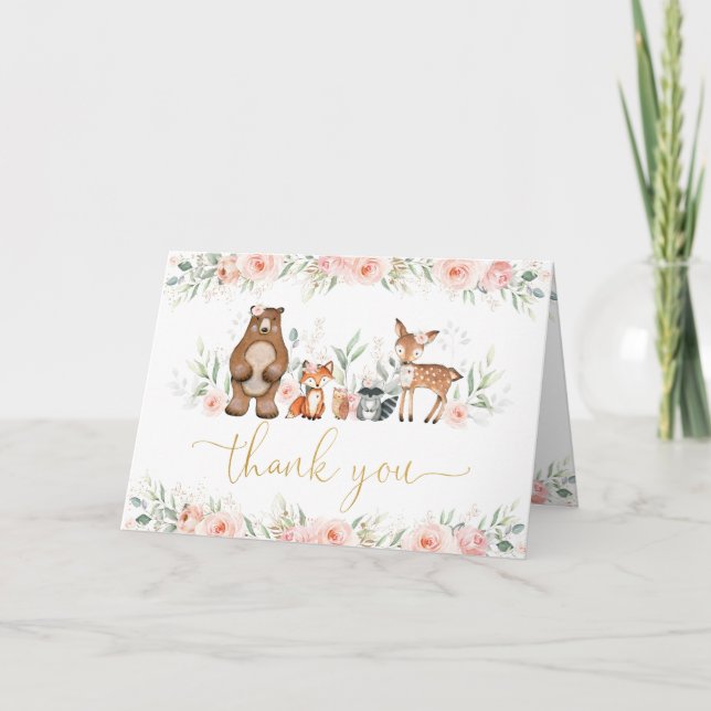Carte De Remerciements Chic Bois Animaux Doux Rose Floral (Devant)