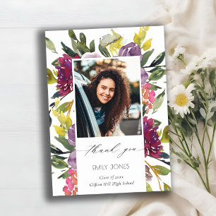 Carte De Remerciements Chic Bourgogne jaune rose floral photo Graduation