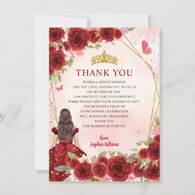 Carte De Remerciements Chic Bourgogne Rouge or Floral Princesse Quinceañe (Devant)