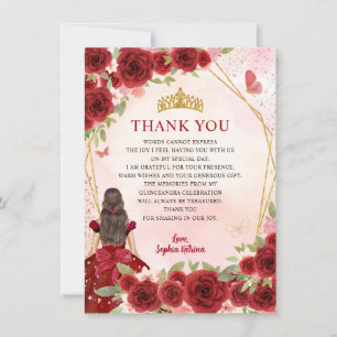 Carte De Remerciements Chic Bourgogne Rouge or Floral Princesse Quinceañe
