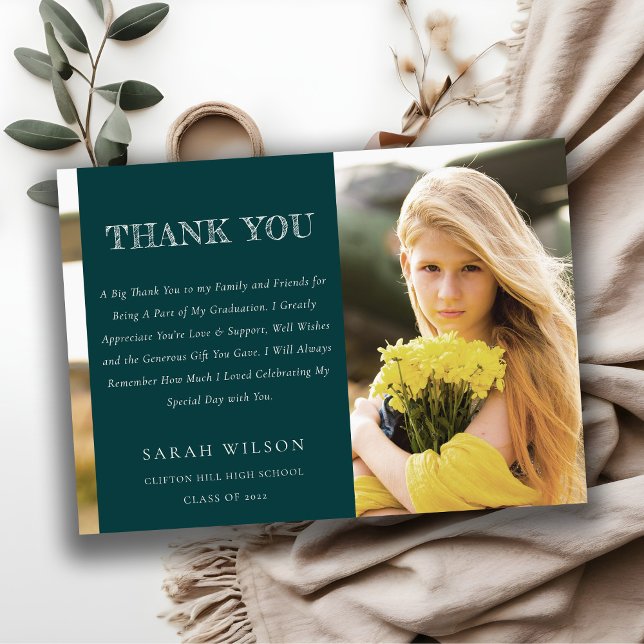 Carte De Remerciements Chic Bouteille Vert Minimal Clean Photo Graduation (Créateur téléchargé)