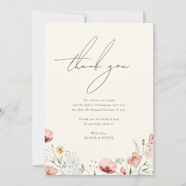 Carte De Remerciements Chic Calligraphie Boho Fleur sauvage Baby shower (Devant)