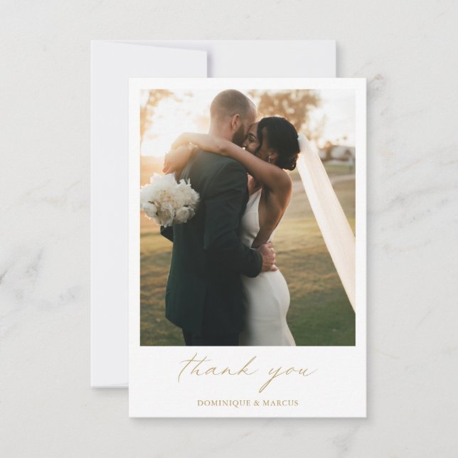 Carte De Remerciements Chic Calligraphie Or Elegant Photo Simple Mariage (Devant)