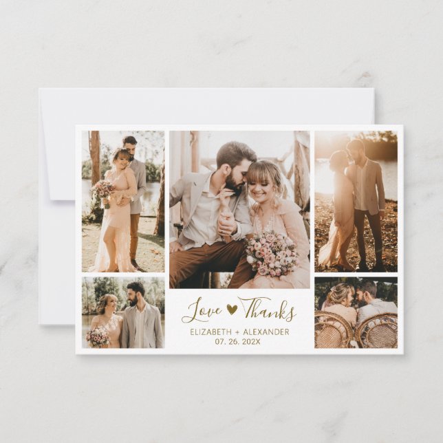 Carte De Remerciements Chic Elegant Gold Script 5 Photo Collage Mariage (Devant)