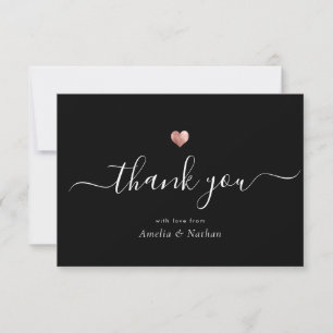 Carte De Remerciements Chic Elegant Noir moderne Script Rose or Coeur