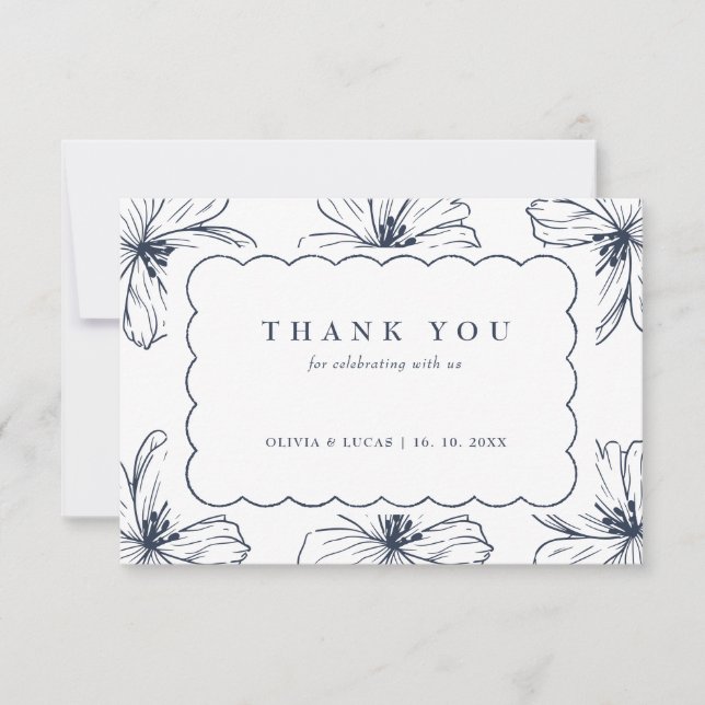 Carte De Remerciements Chic Floral Art Bordure Mariage moderne (Devant)