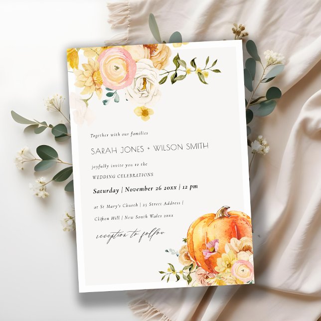 Carte De Remerciements Chic Floral Orange Automne Citrouille Mariage Invi (Créateur téléchargé)