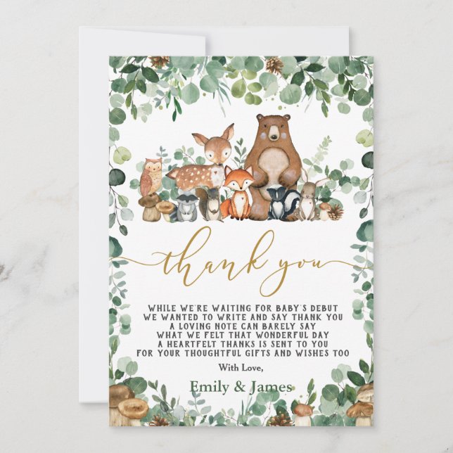 Carte De Remerciements Chic Forest Greenery Baby shower d'animaux de bois (Devant)