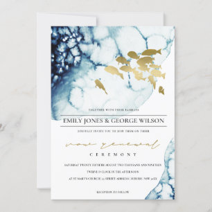 Carte De Remerciements CHIC GOLD NAVY Underwater FISH VOW RENOWAL INVITAT
