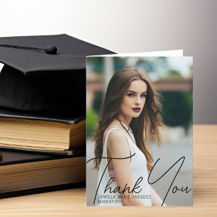 Carte De Remerciements Chic Graduation Photo Trendy Black Script Overlay
