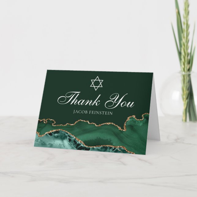 Carte De Remerciements Chic Juif Bar Mitzvah Green Gold Star de David (Devant)