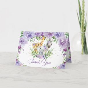 Carte De Remerciements Chic Jungle Animaux Purple Baby shower Floral
