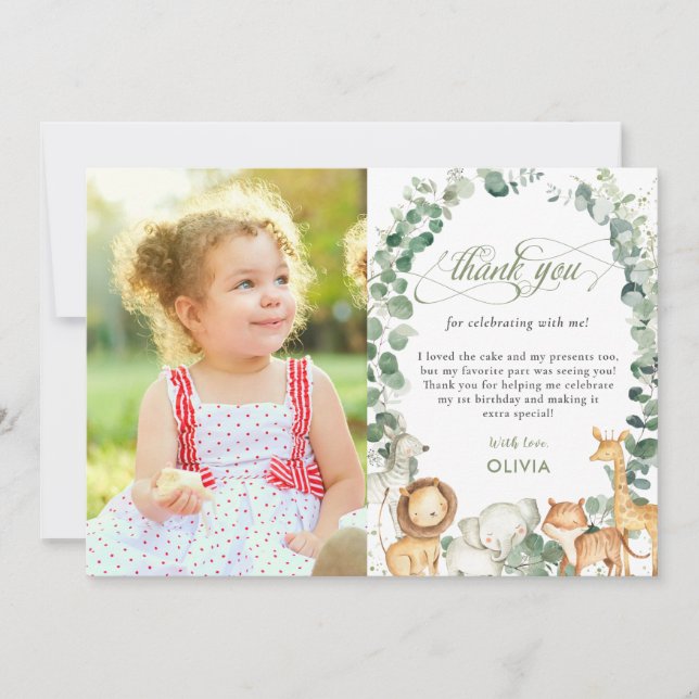 Carte De Remerciements Chic Jungle Animaux Verdure 1er anniversaire Photo (Devant)