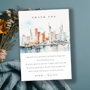 Carte De Remerciements Chic Miami Floride Skyline Mariage d'aquarelle